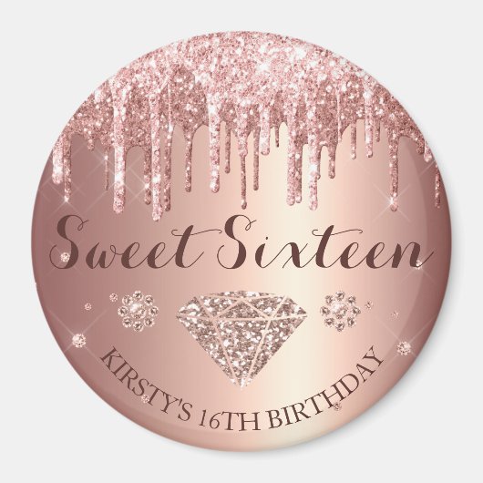 Rose Gold Glitter Drip Diamond Sweet Sixteen Magnet (Vorne)