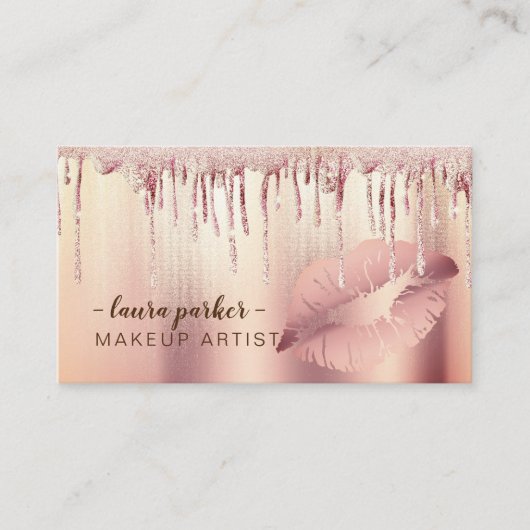 Rose Gold Glitter Drip Lips Makeup Artist Salon Visitenkarte (Vorderseite)