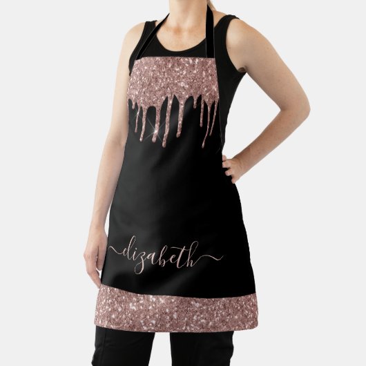 Rose Gold Glitter Drips Monogram Black Schürze (InSitu)
