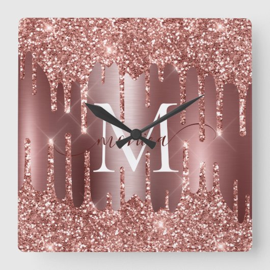 Rose Gold Glitter Drips Monogram Personalized Quadratische Wanduhr (Vorderseite)
