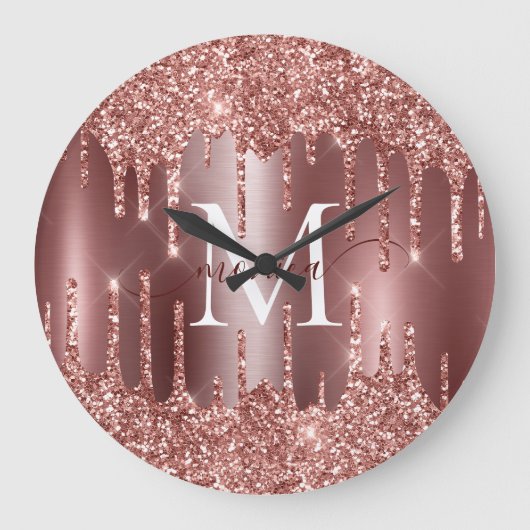 Rose Gold Glitter Drips Monogram Personalized Wall Große Wanduhr (Vorderseite)