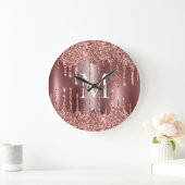 Rose Gold Glitter Drips Monogram Personalized Wall Große Wanduhr (Zuhause)