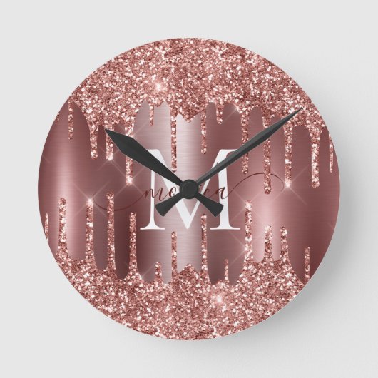 Rose Gold Glitter Drips Monogram Personalized Wall Runde Wanduhr (Vorderseite)