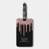 Rose Gold Glitter Drips, Name & Info on Black Gepäckanhänger (Rückseite vertikal)