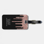 Rose Gold Glitter Drips, Name & Info on Black Gepäckanhänger (Rückseite horizontal)