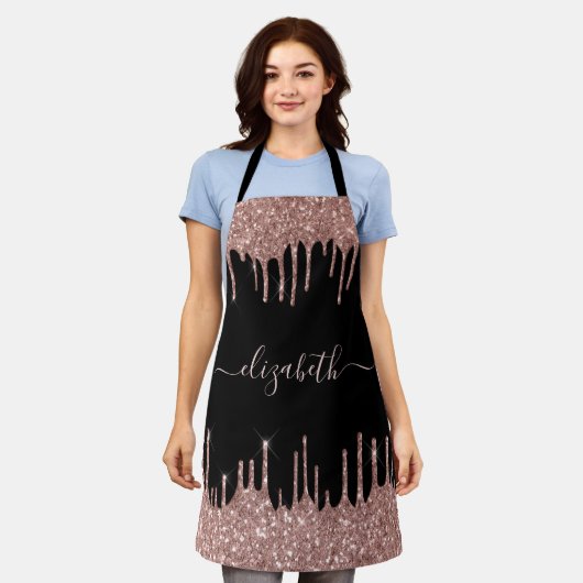 Rose Gold Glitter Drips Personalized Black Schürze (Getragen)