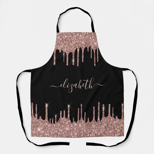 Rose Gold Glitter Drips Personalized Black Schürze (Vorderseite)