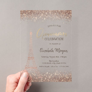 Rose Gold Glitter Eiffel Konfetti Quinceañera Acryleinladungen