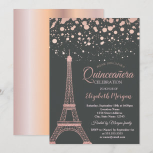 Rose Gold Glitter Eiffelturm, Dots Quinceañera Einladung