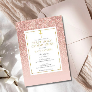 Rose Gold Glitter Erste Heilige Kommunion Einladung
