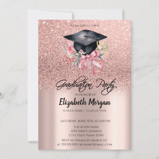 Rose Gold Glitter Floral Grad Cap Bow Graduation Einladung (Vorderseite)