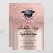 Rose Gold Glitter Floral Grad Cap Bow Graduation Einladung (Vorne/Hinten)