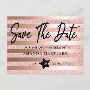 Rose Gold Glitter & Foil Quinceañera Save The Date Postkarte