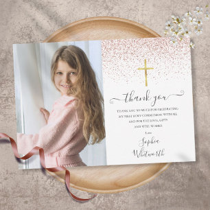 Rose Gold Glitter Foto Erste Heilige Kommunion Dankeskarte