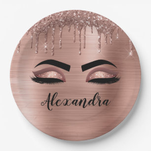 Rose Gold Glitter Funkelnde Wimpern Monogramm Name Pappteller