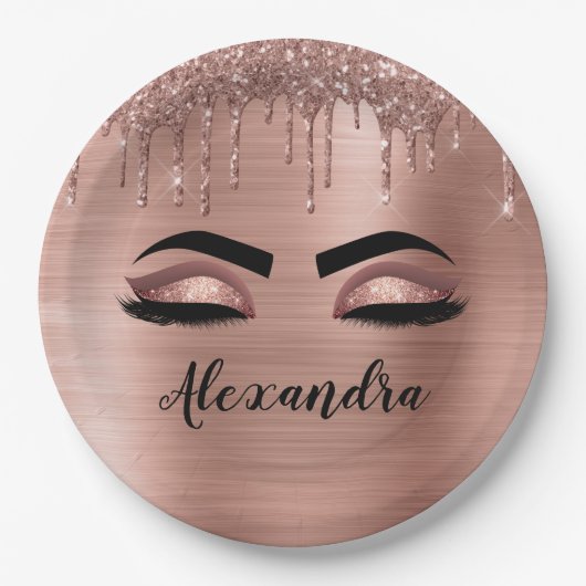 Rose Gold Glitter Funkelnde Wimpern Monogramm Name Pappteller (Vorderseite)