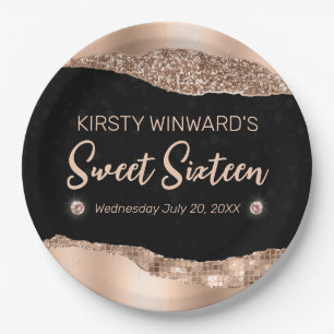 Rose Gold Glitter Glam Rand & Diamanten Sweet 16 Pappteller