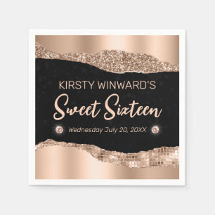 Rose Gold Glitter Glam Rand & Diamanten Sweet 16 Serviette
