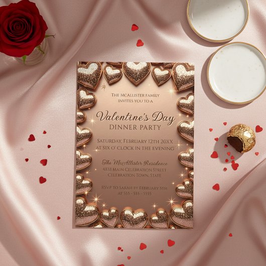 Rose Gold Glitter Hearts Valentine's Day Party Einladung