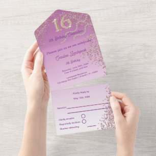 Rose Gold Glitter-Kalligrafie-Nummer Sweet 16 All In One Einladung