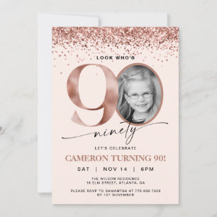 Rose Gold Glitter Konfetti Foto 90. Geburtstag Einladung