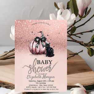Rose Gold Glitter-Kürbis-Schwarze-Katze-Baby-Party Einladung