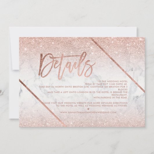 Rose gold glitter marble script wedding direction einladung (Vorderseite)