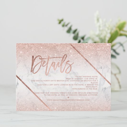 Rose gold glitter marble script wedding direction einladung (Stehend Vorderseite)