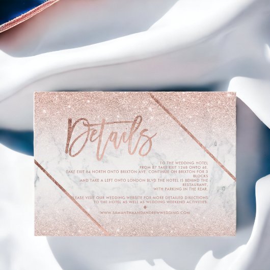 Rose gold glitter marble script wedding direction einladung