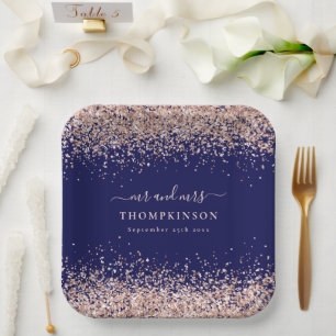 Rose Gold Glitter Mr Mrs Name Navy Blush Hochzeit Pappteller