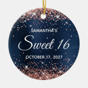 Rose Gold Glitter Navy Blau Folie Sweet 16 Geburts Keramik Ornament