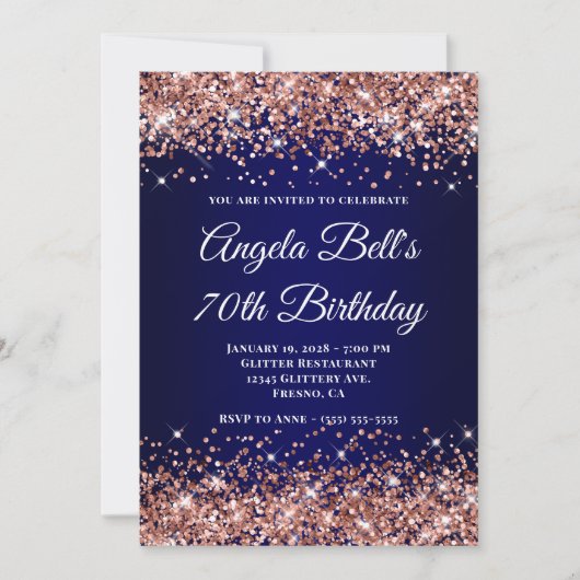 Rose Gold Glitter Navy Blue Ombre 70th Birthday Einladung (Vorderseite)