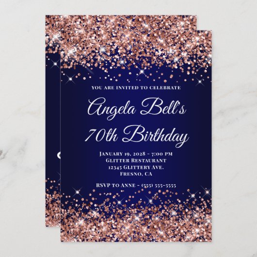 Rose Gold Glitter Navy Blue Ombre 70th Birthday Einladung (Vorne/Hinten)