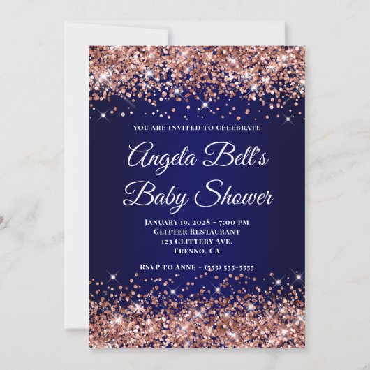 Rose Gold Glitter Navy Blue Ombre Baby Shower Einladung (Vorderseite)