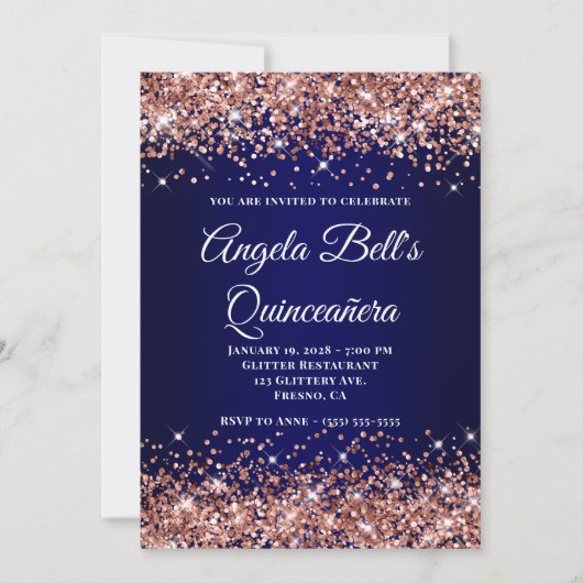 Rose Gold Glitter Navy Blue Ombre Quinceanera Einladung (Vorderseite)