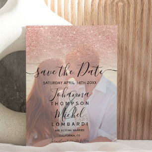Rose gold glitter ombre script photo save the date ankündigungspostkarte