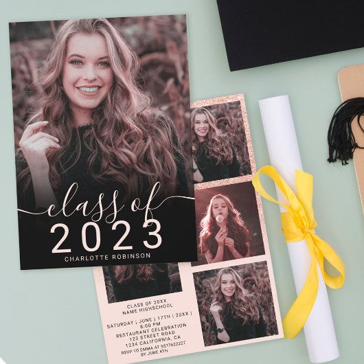 Rose gold glitter pink ombre 5 photos graduation einladung