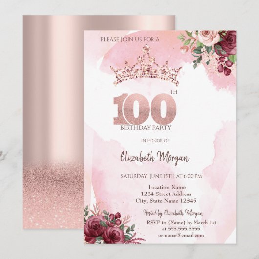 Rose Gold Glitter Roses Crown 100th Birthday Einladung (Vorne/Hinten)