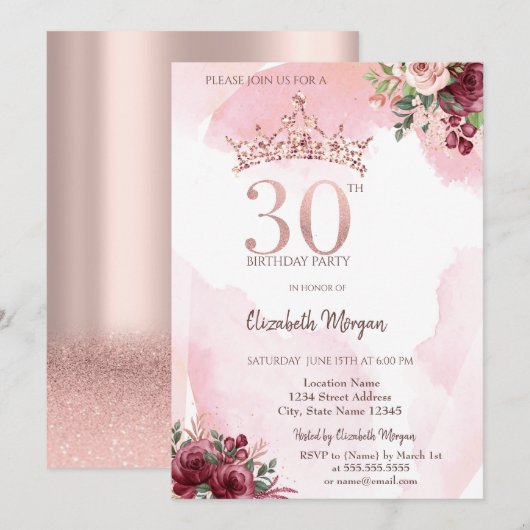 Rose Gold Glitter Roses Crown 30th Birthday Einladung (Vorne/Hinten)