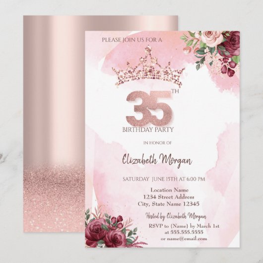  Rose Gold Glitter Roses Crown 35th Birthday  Einladung (Vorne/Hinten)