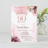 Rose Gold Glitter Roses Crown 90th Birthday Party Einladung (Stehend Vorderseite)