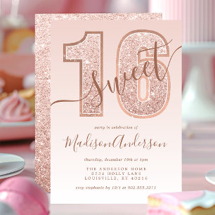 Rose Gold Glitter Schrift Süße 16 Geburtstagsfeier Einladung