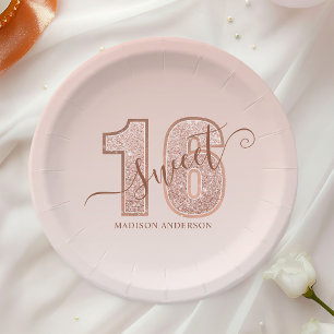 Rose Gold Glitter Schriftzug Sweet 16 Geburtstag Pappteller