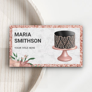 Rose Gold Glitter Schwarz Pink Damast Kuchen Bäcke Visitenkarte