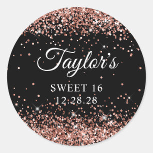 Rose Gold Glitter Schwarz Sweet 16 Runder Aufkleber