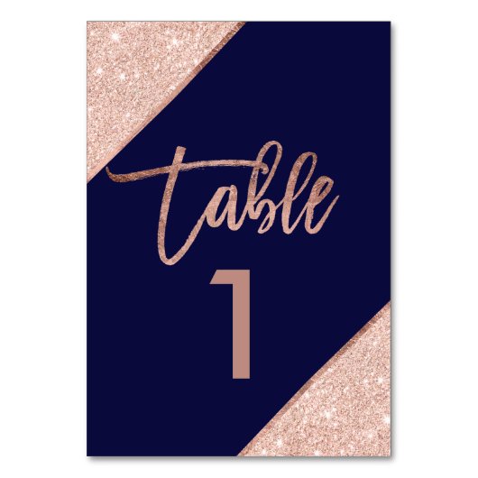 Rose gold glitter script navy blue table number tischnummer (Vorderseite)