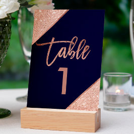 Rose gold glitter script navy blue table number tischnummer