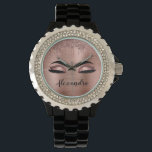Rose Gold Glitter Sparkle Eyelashes Monogram Name Armbanduhr<br><div class="desc">Rose Gold Imitate Foil Metallic Sparkle Glitzer gebürstete Metal Monogram Name and Initial Eyelashes (Lashes),  Eyelash Extensions und Eyes Blush Pink Lady's Wrist Watch. Das Design macht den perfekten 16 Geburtstag,  Hochzeit,  Brautparty,  Jubiläum,  Babydusche oder Junggeselinnen-Abschied Geschenk für jemanden,  der einen trendigen coolen Stil sucht.</div>