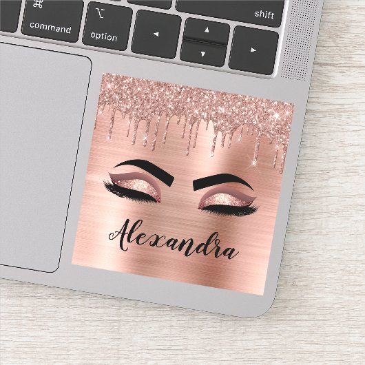 Rose Gold Glitter Sparkle Eyelashes Monogram Name Aufkleber (Detail)