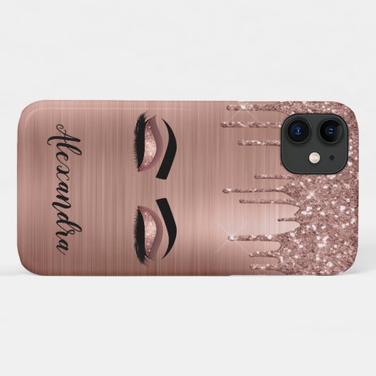 Rose Gold Glitter Sparkle Eyelashes Monogram Name Case-Mate iPhone Hülle (Rückseite (Horizontal))